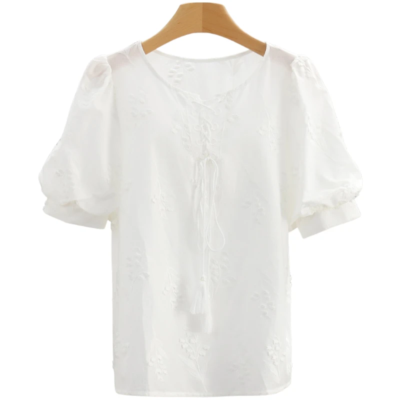 F661-【韩】泡泡袖绑带圆领纯色套头衬衫#BHX56S036