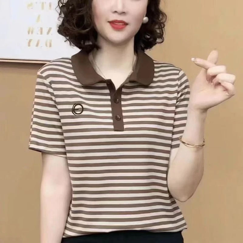 2025夏季新款时尚百搭条纹短袖T恤衫polo领遮肉显瘦减龄洋气小衫