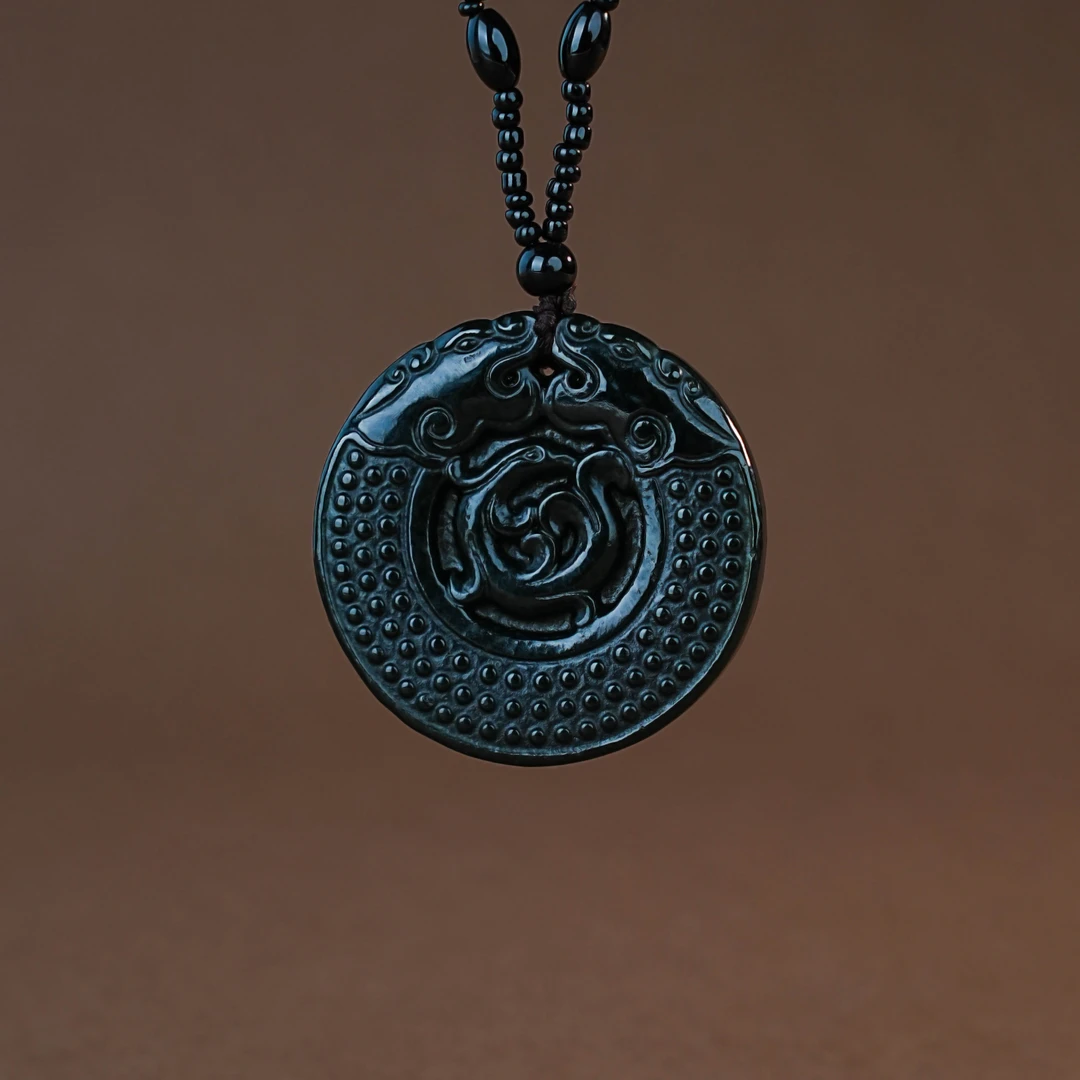 Y-692 天然和田玉青玉仿古龙凤牌 配绳