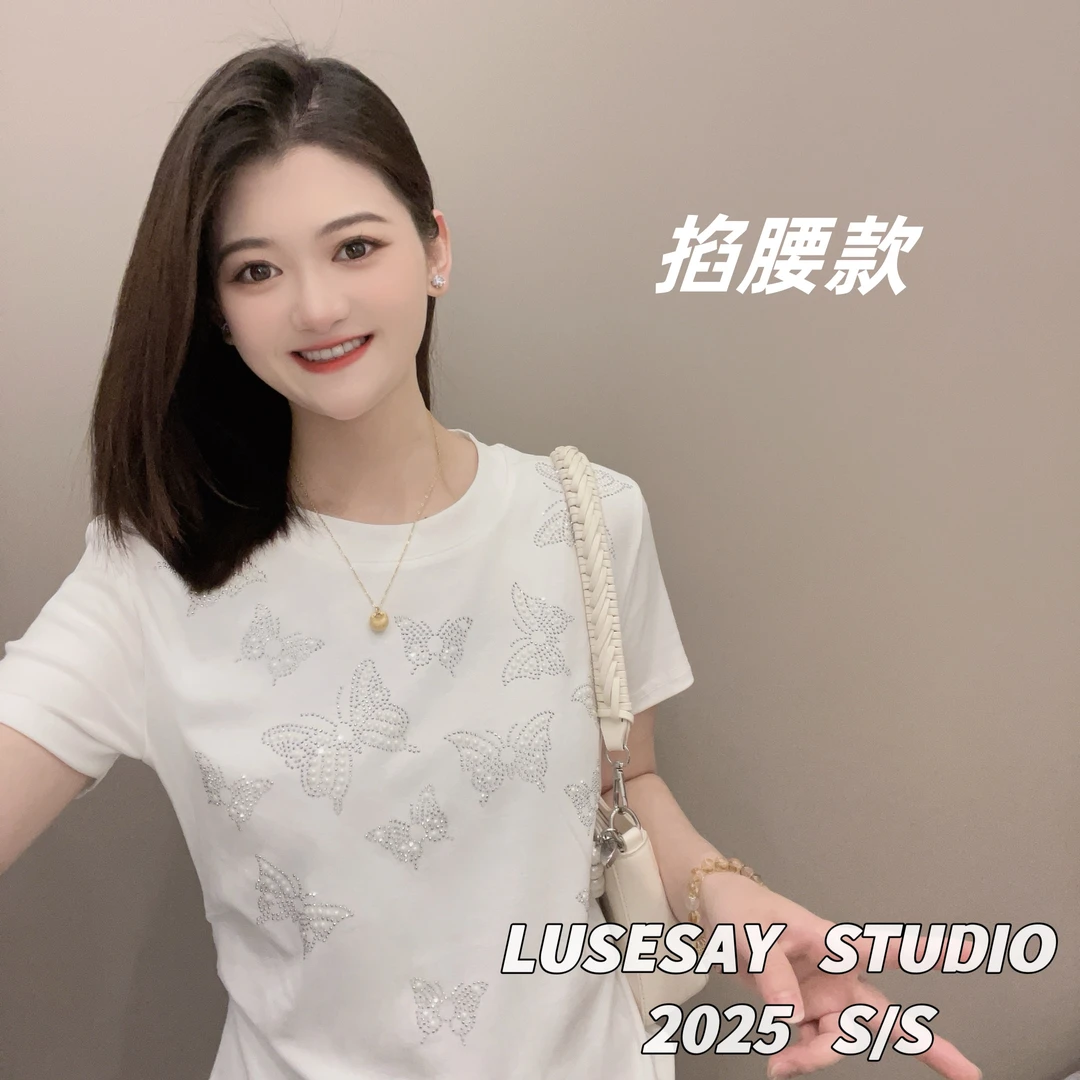 LUSESAY 重工满印蝴蝶烫钻 夏季2025新款 短袖t恤女百搭掐腰上衣