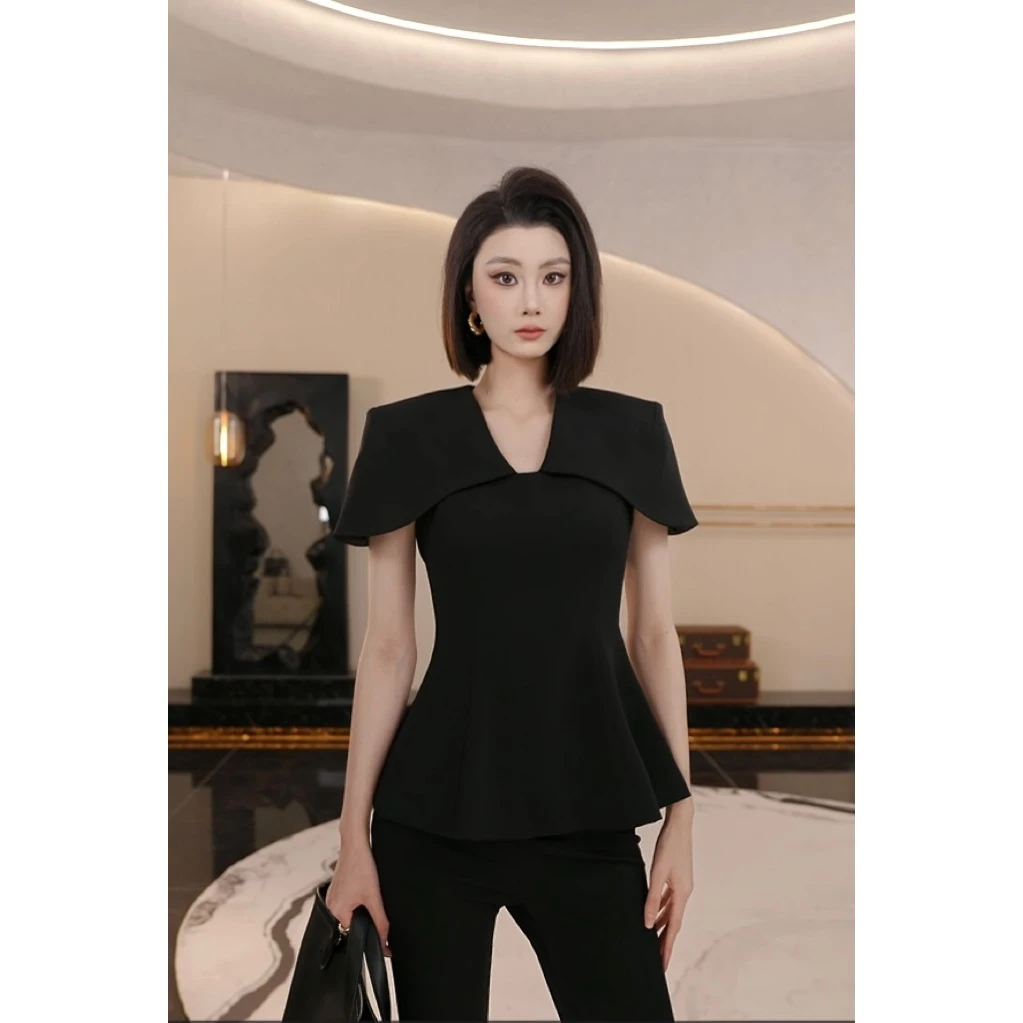 【琦哥专属】权力美学高端大气女人范时尚收腰短袖上衣45236