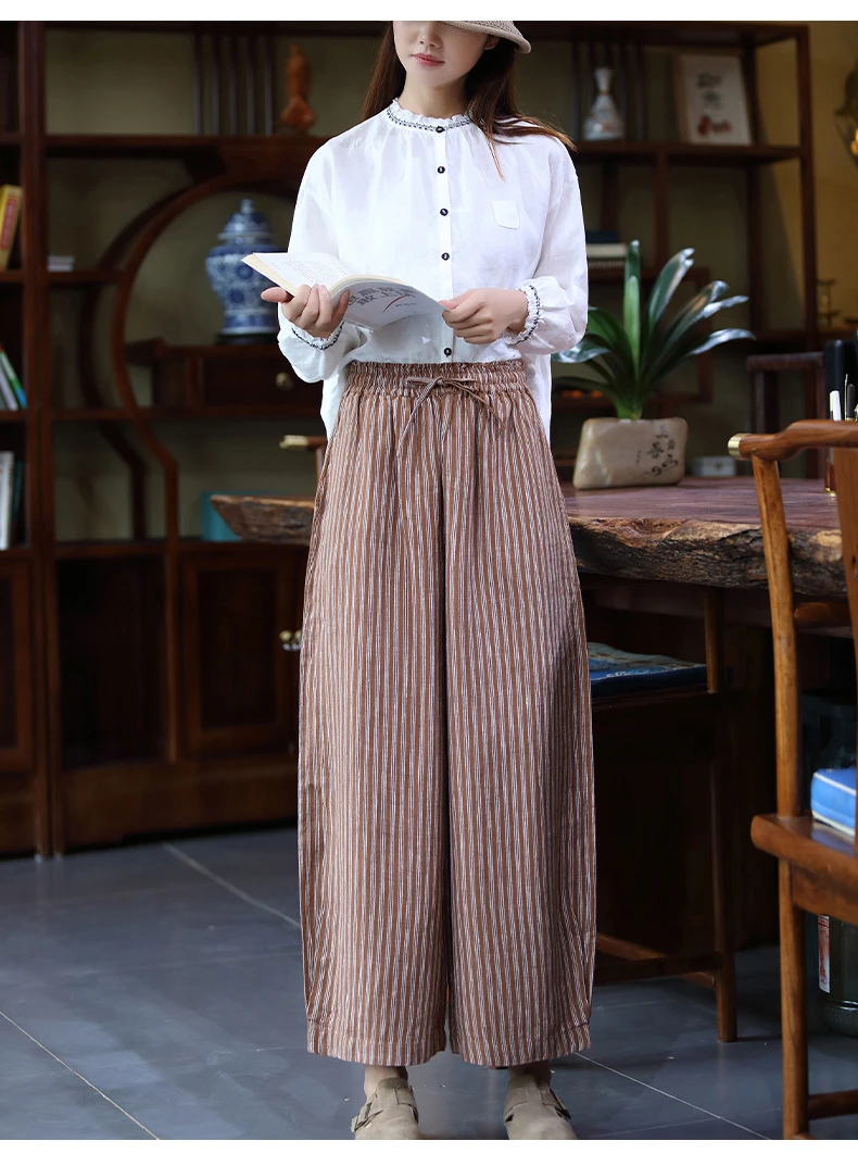 【奇-境】三季新款法式文艺慵懒色织风条纹阔腿裤百搭直筒休闲裤