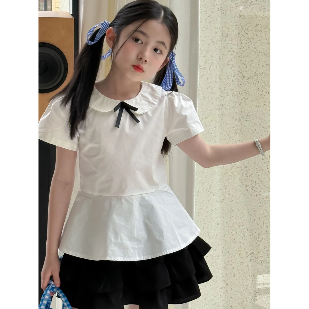 童套装2025夏季新款女童学院风套装蝴蝶结娃娃领衬衫蛋糕裙两件套