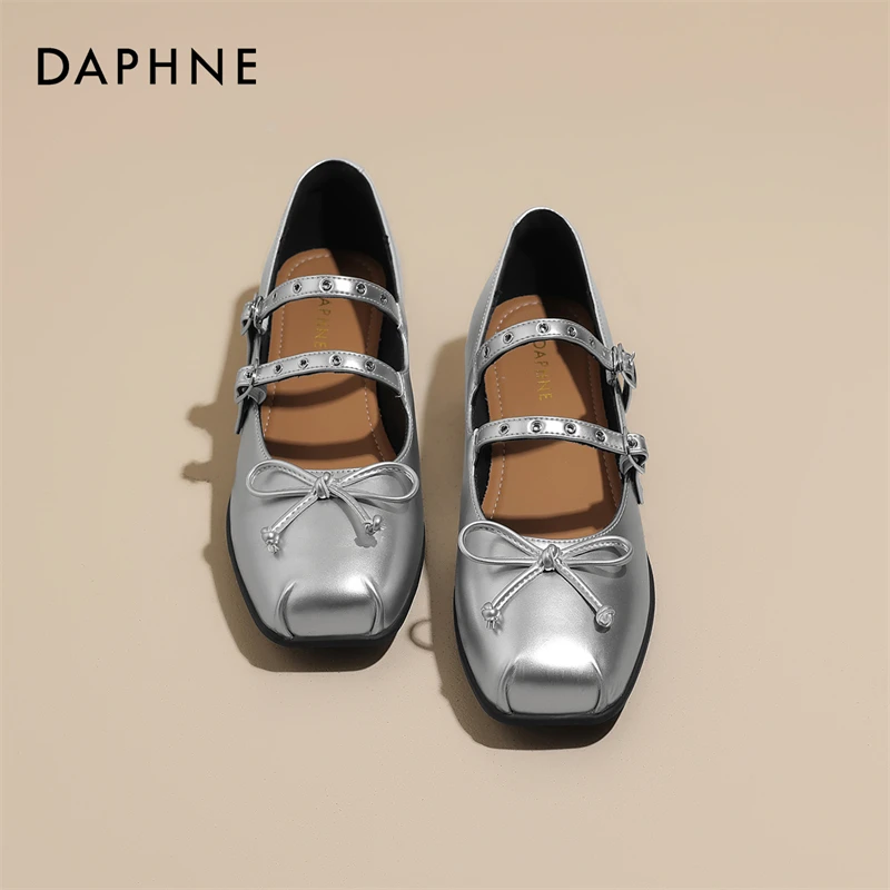 达芙妮银色玛丽珍女鞋2025春日上新法式粗跟浅口配裙子芭蕾舞单鞋