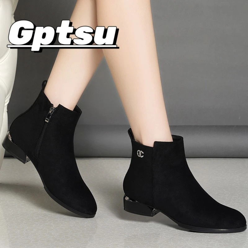 GPTSu秋冬新款时尚百搭短靴磨砂中跟女靴粗跟软底妈妈棉靴马丁靴