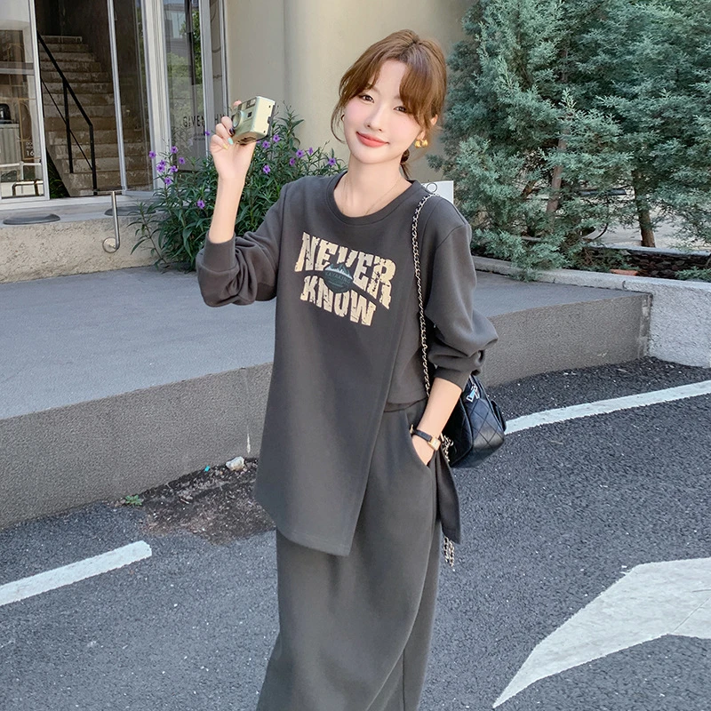 字母印花休闲套装裙女2025年春新款时尚短袖T恤高腰半身裙两件套