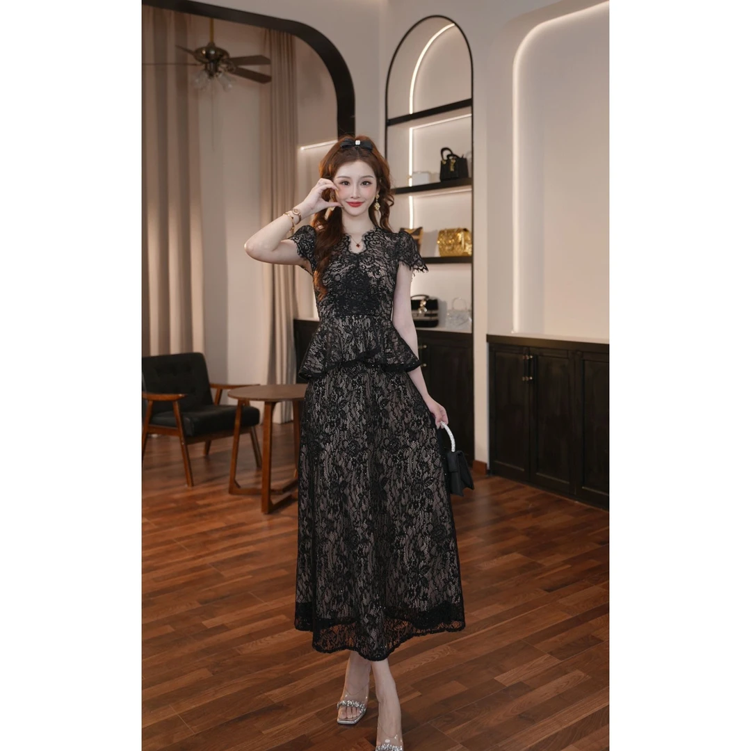 【晚晚定制】法式套装小个子优雅显瘦黑色蕾丝气质高贵21866/21867