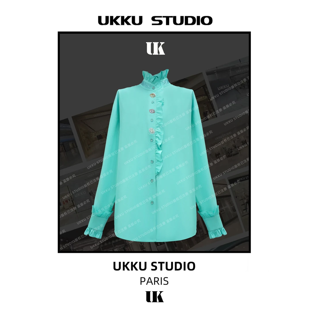 LILI【UKKUSTUDIO】时尚设计蓝色拼接亮钻重磅加厚衬衫613376