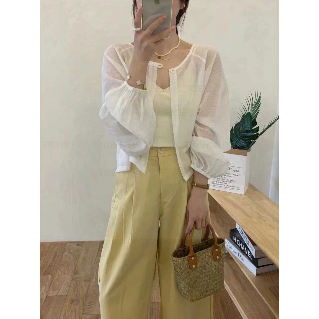 韩系设计感小众纯色轻薄防晒衫衬衫空调衫女夏季新款百搭长袖上衣