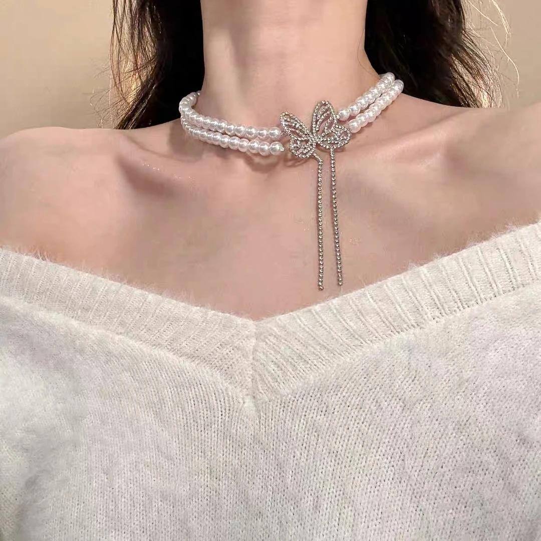 铜合金锆石项链 法式蝴蝶双层珍珠项链choker轻奢高级感锁骨链