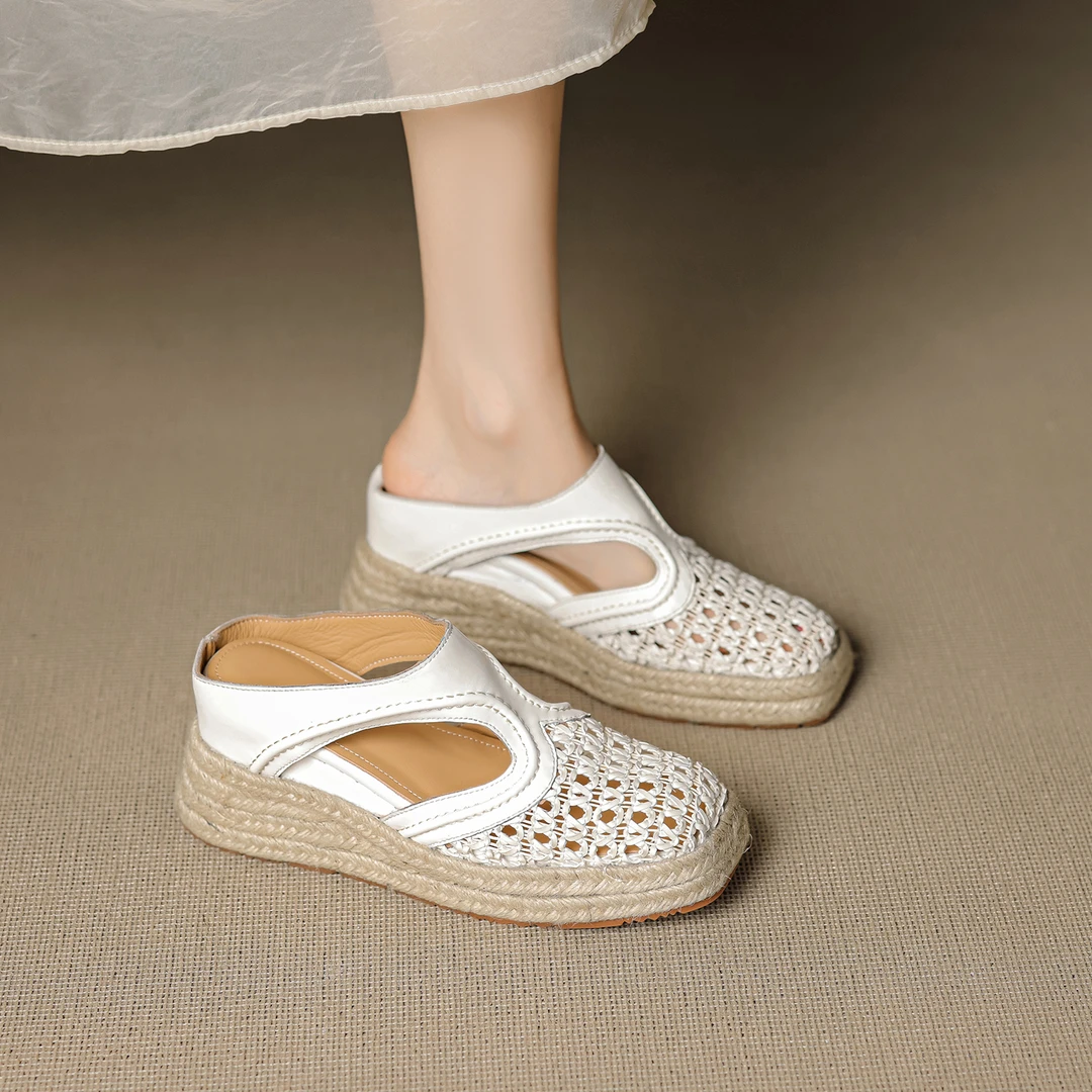 2025夏新款法式复古厚底包头半拖鞋女外穿坡跟懒人一脚蹬凉拖鞋女