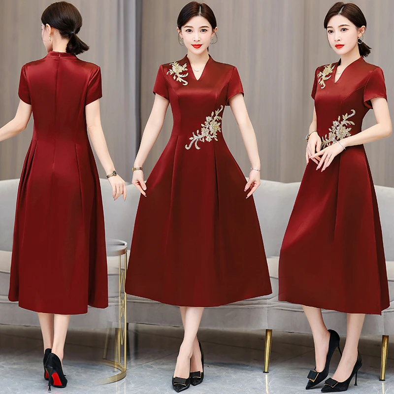 thfs9513喜婆婆婚宴装旗袍裙2025夏季新款妈妈装气质优雅连衣裙女