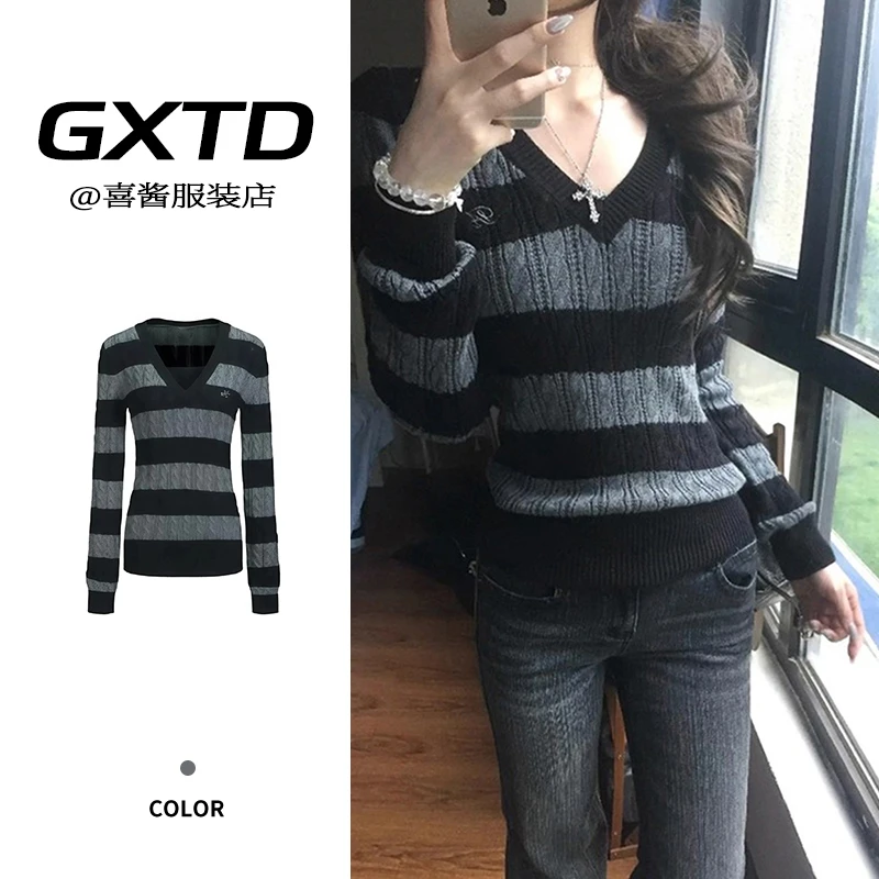 小众款百搭条纹修身长袖毛衣女秋冬季2025新款慵懒感宽松针织上衣