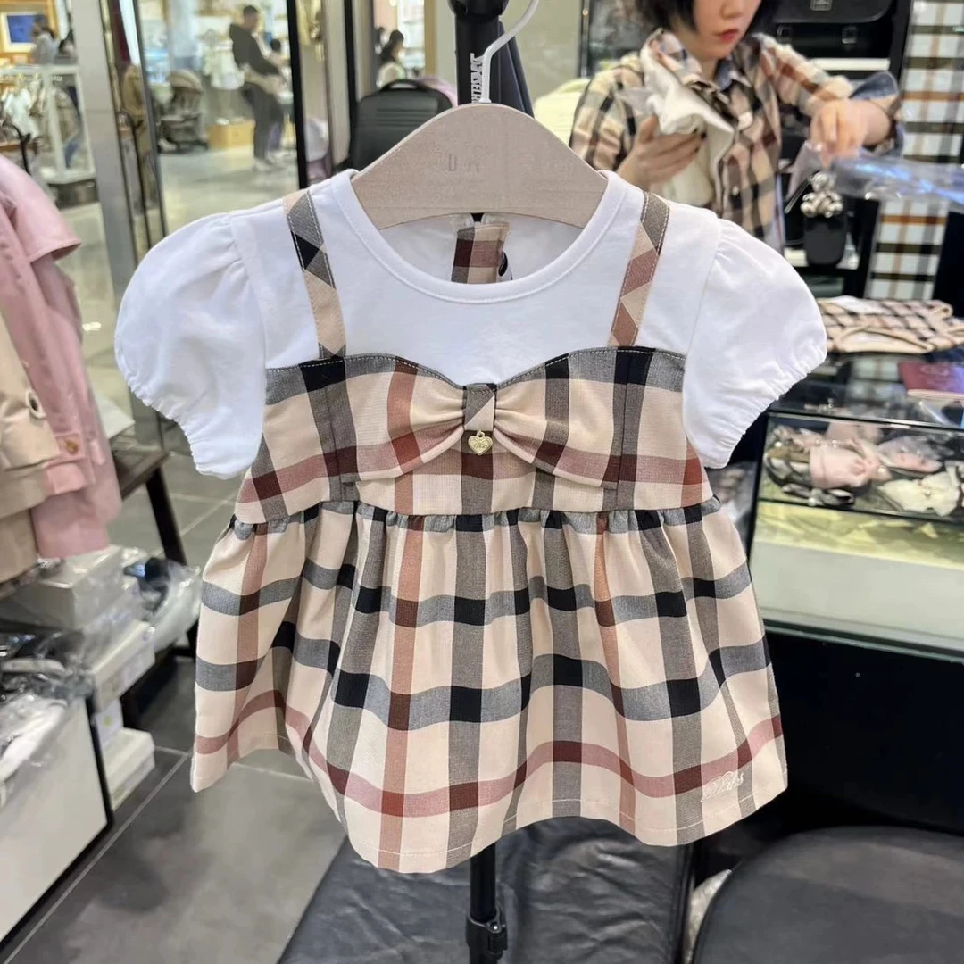 韩单 格子洋气泡泡袖小衫女孩可爱