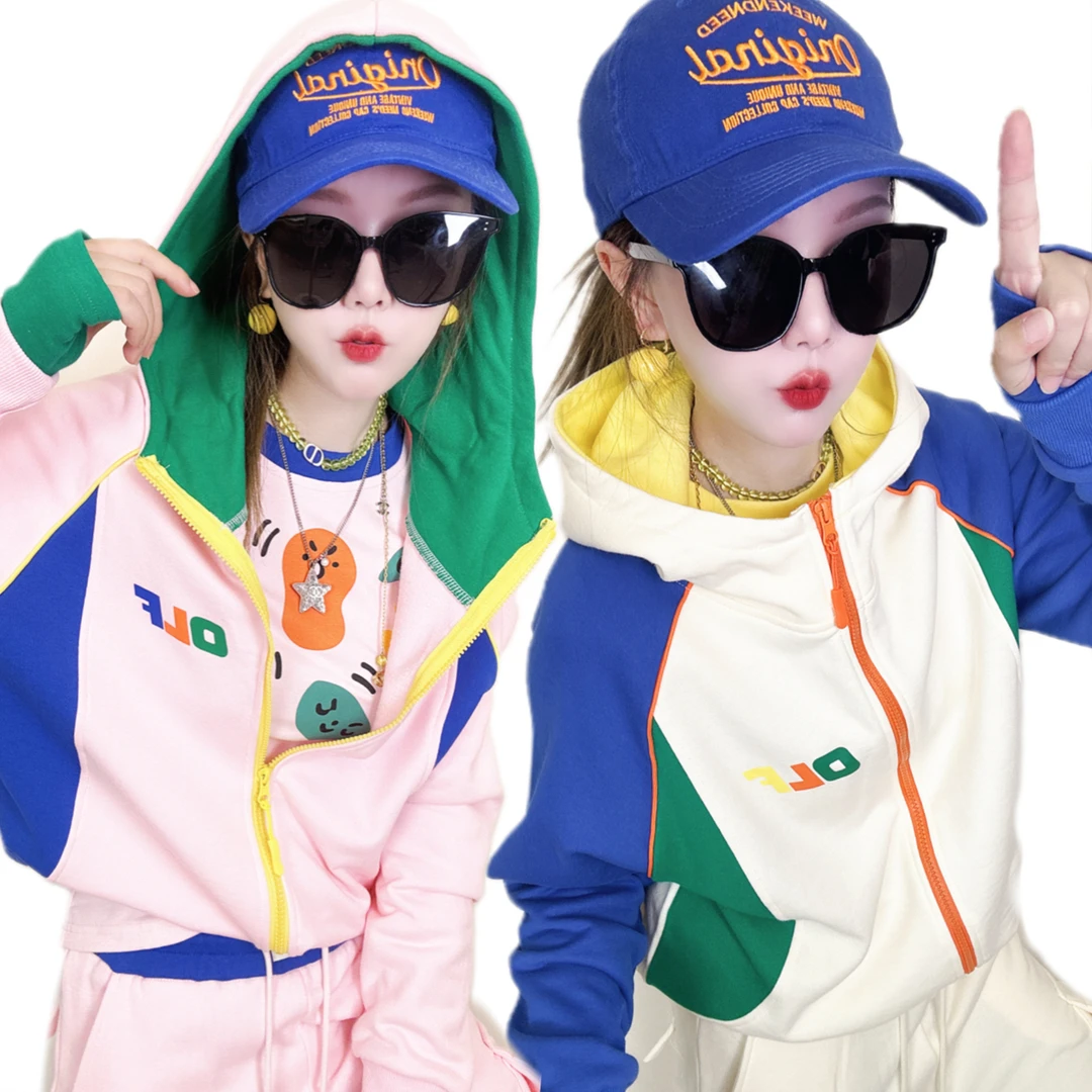 A397秋冬宽松时尚显瘦洋气减龄百搭撞色长袖连帽卫衣粉色外套女潮