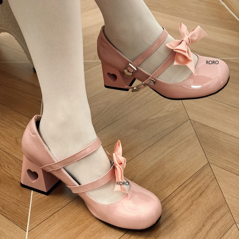 Lolita爱心玛丽珍6厘米高跟鞋可拆卸蝴蝶结日系粗跟圆头单鞋