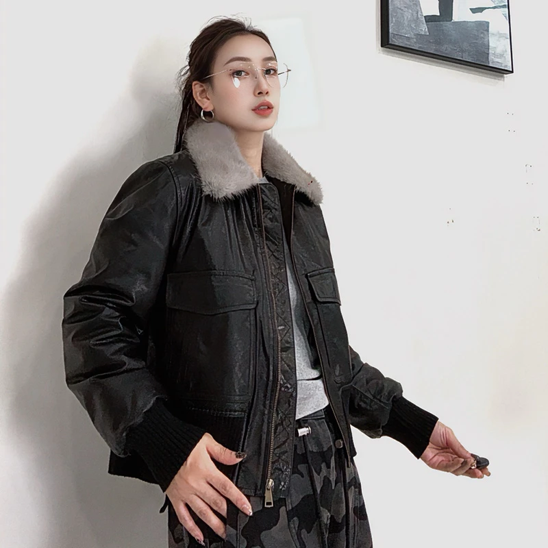 2025冬季新款鸭绒皮衣拉链款貂领真皮夹克时尚显瘦简约款保暖外套