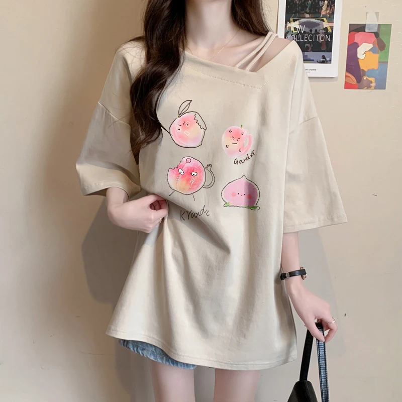 小心机斜领短袖t恤女夏季新款宽松设计感休闲大码纯棉卡通上衣ins