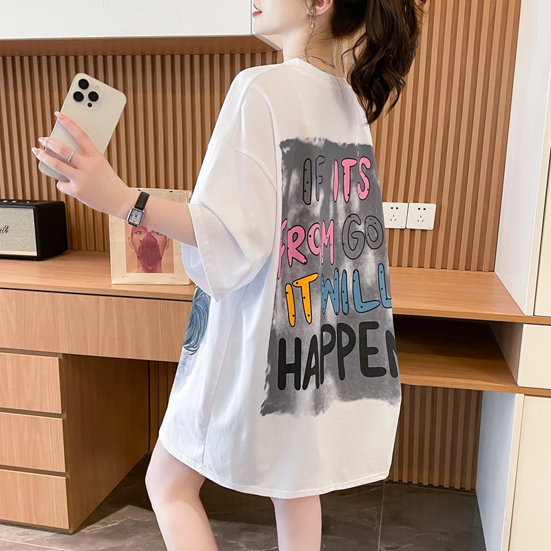 圆领卡通纯棉短袖T恤女2025新款爆款宽松大码百搭洋气设计感上衣