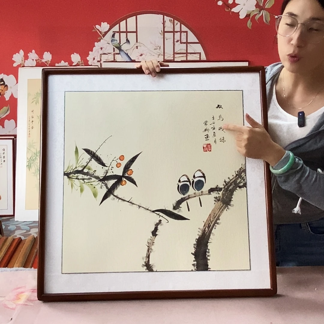国画手写手绘国画作品带框包邮62✖️62