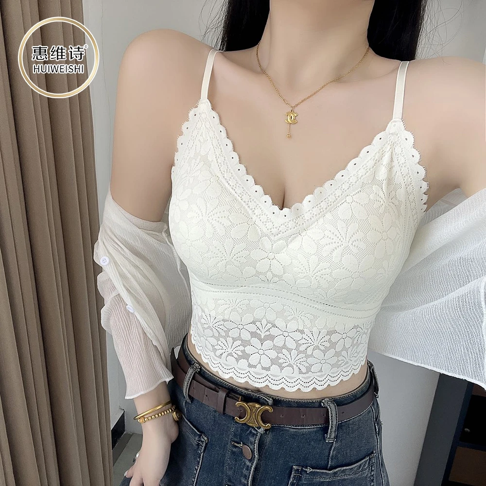 女士背心吊带早秋打底美背蕾丝花边秋冬内搭性感聚拢带胸垫6628