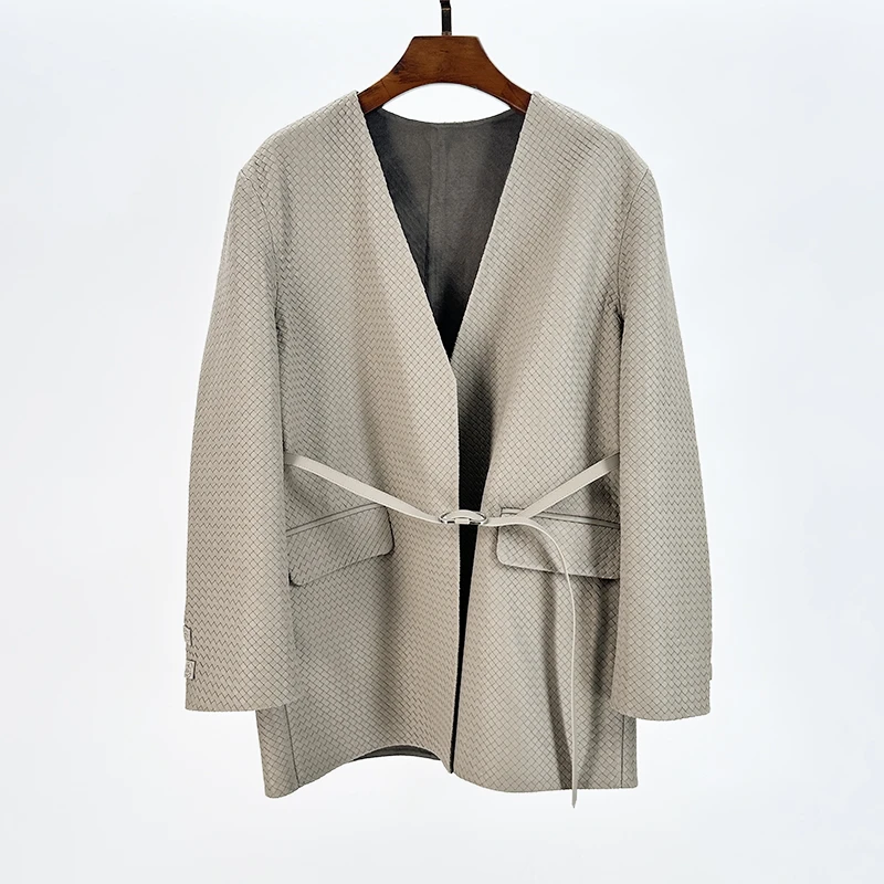 2025秋新款欧货高端真皮皮衣女中长款简约气质编织山羊皮休闲外套