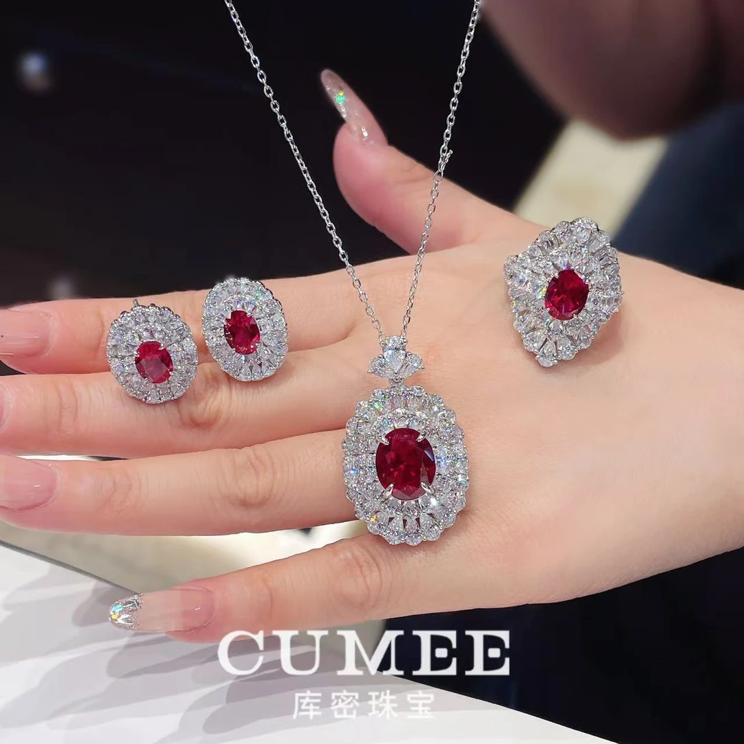 Cumee 925银耳饰 高定时尚个性款合成红宝戒指耳钉.银镀金