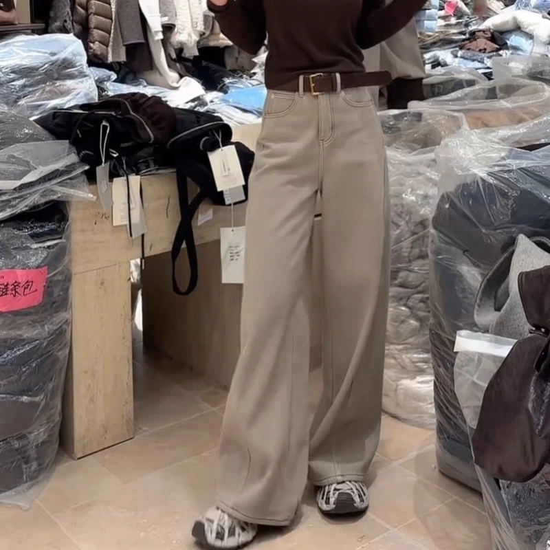 秋冬新款韩系百搭加绒高腰重工直筒牛仔裤带腰带LK2507642