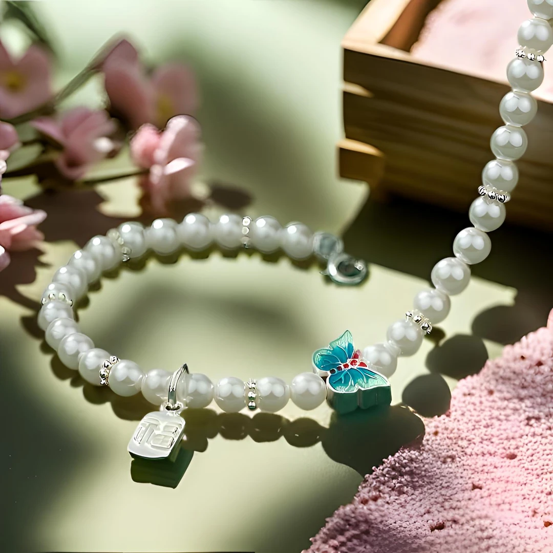 925银手链 灵蝶手链仿珍珠小众s25纯银手链简约森系甜美温柔手链