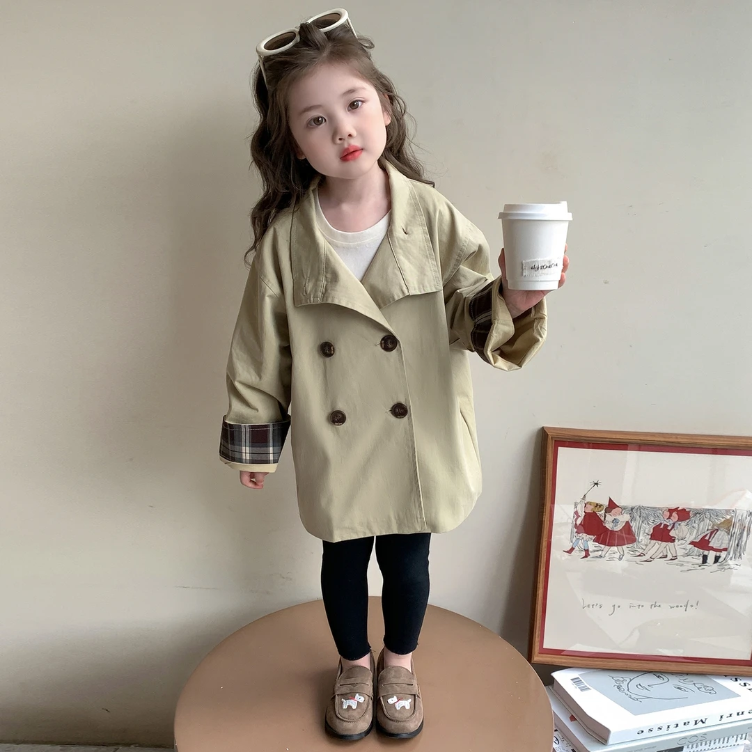 女童2025春秋季新款格纹袖口风衣外套卡其色女宝宝韩版时髦洋气潮