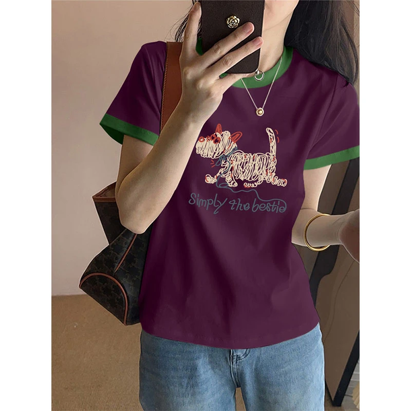 洋气减龄圆领短袖T恤女夏季2025新款宽松撞色拼接体恤设计感上衣