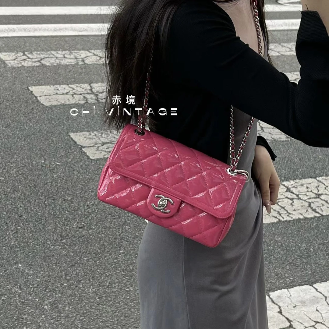 99新 Chanel/香奈儿 4292 粉色漆皮CF单肩包14-15