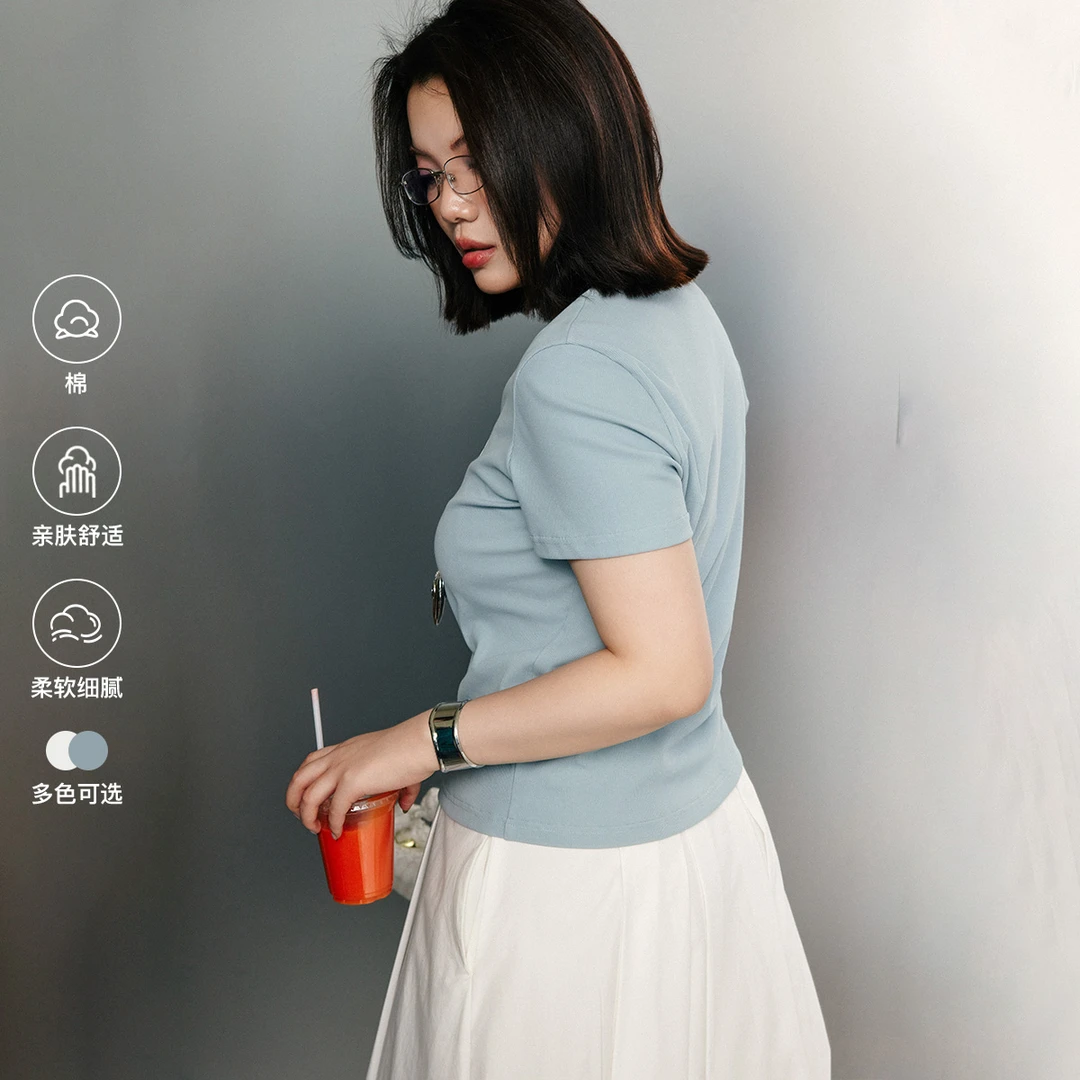 PLUSMALL 奶油棉感T 高捻螺纹春款高弹垂坠透氧感U领短袖T恤