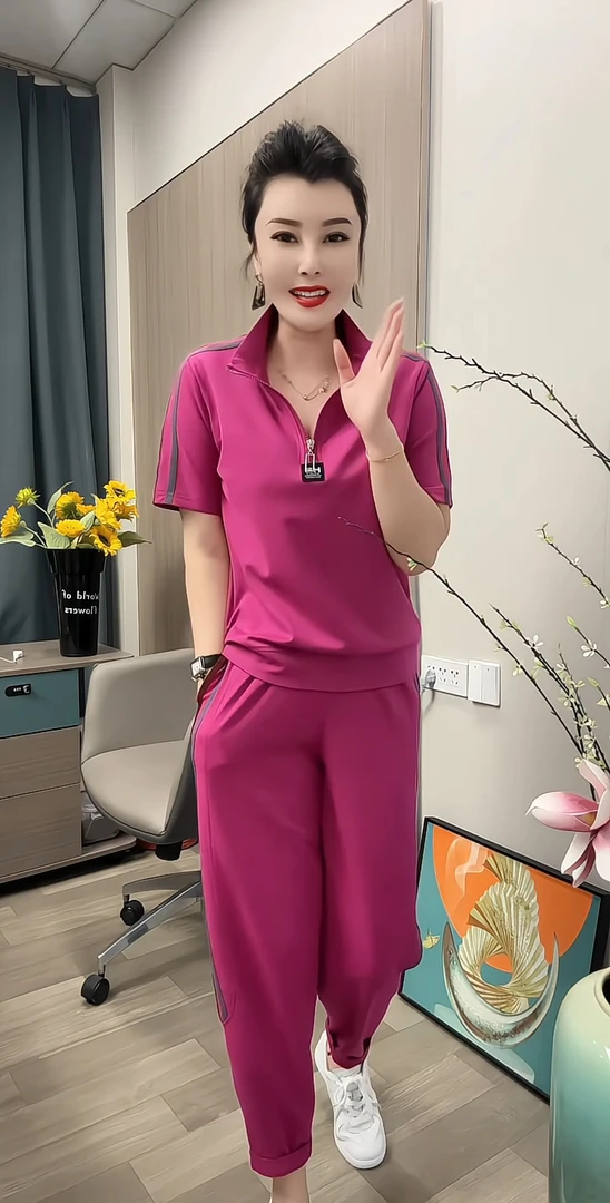 夏季时尚气质宽松显瘦休闲运动半拉链短袖T恤九分哈伦裤两件套装