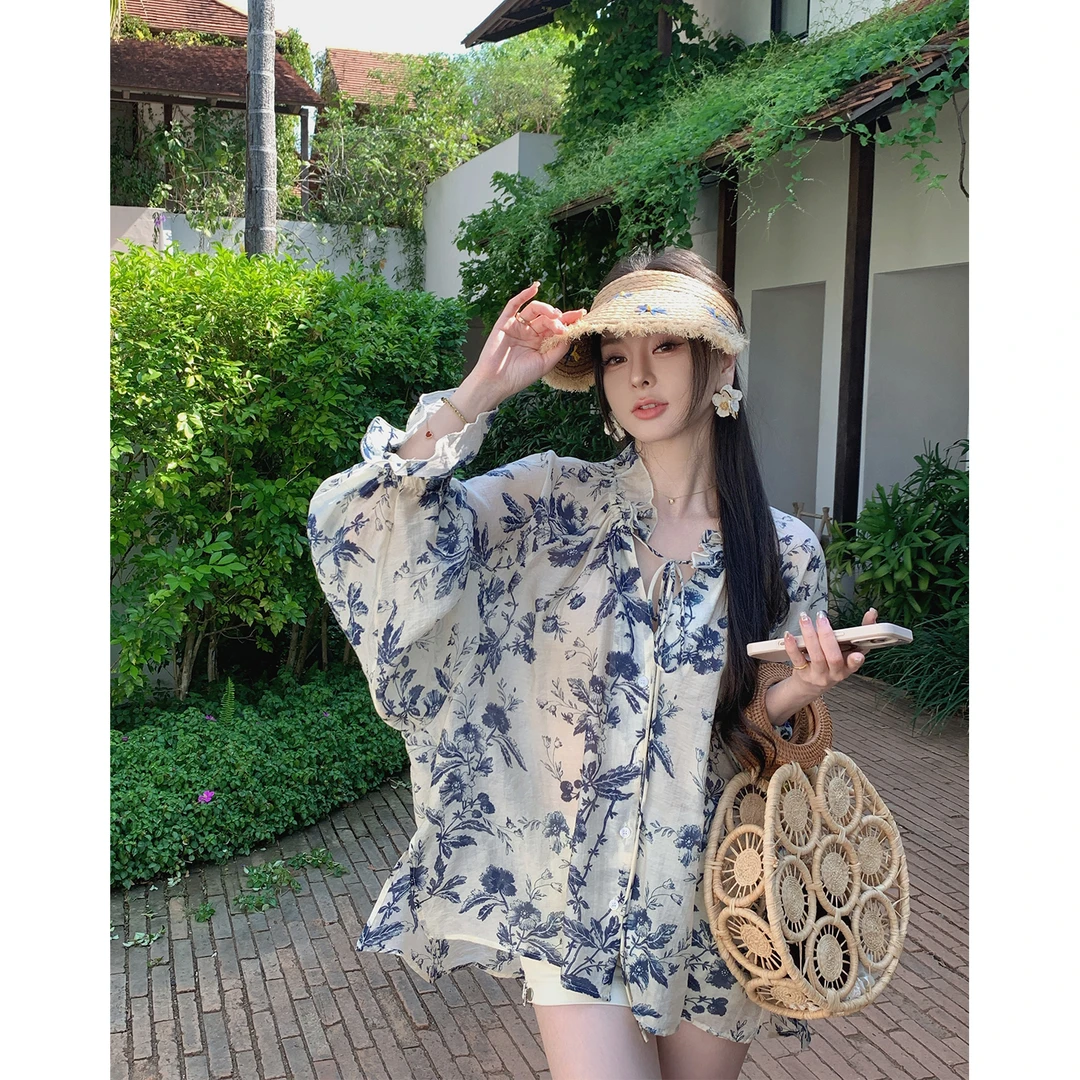 MINI STUDIO徐琳「惬意松弛」新中式水墨印花优雅系带衬衫x250091