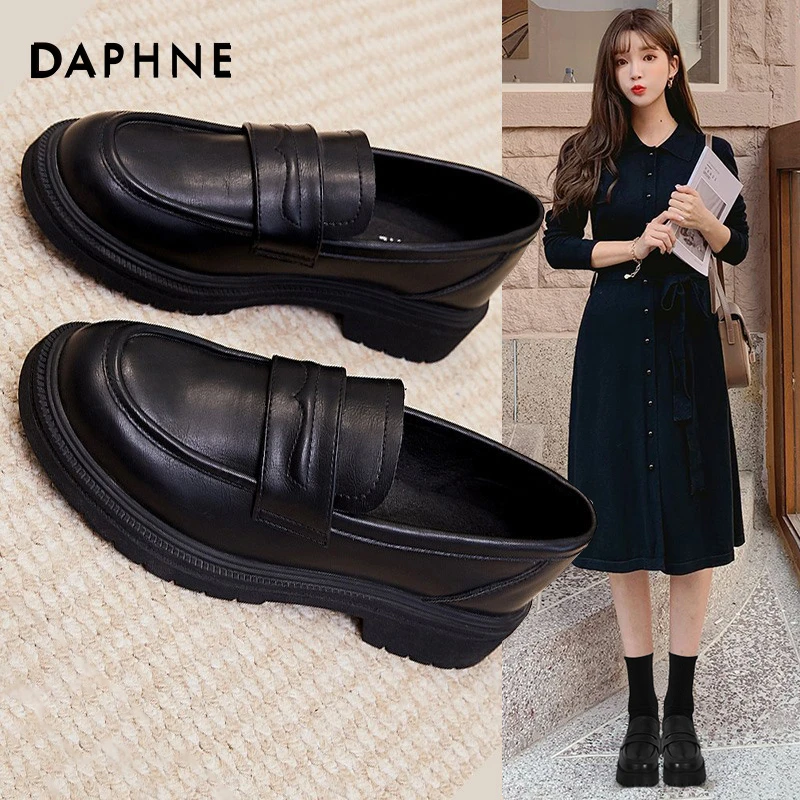 达芙妮日系新款皮鞋女舒服厚底黑色粗跟舒适复古乐福鞋单鞋女-X