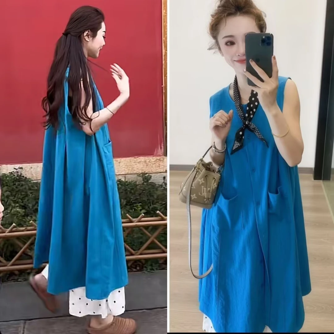 2025夏季新款无袖背心连衣裙韩系高级感盐系轻熟气质排单扣长裙女