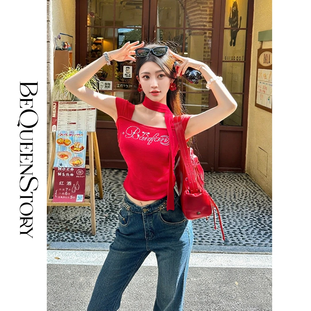 余潇潇【夜港星空】设计感莱赛尔条烫钻方领上衣