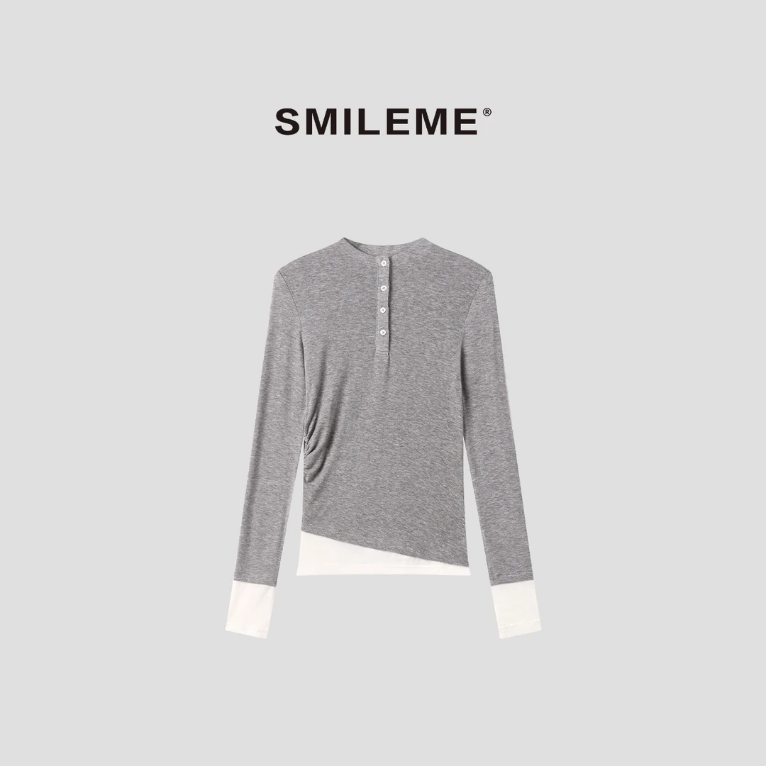 SMILEME【青鸟逸】气质通勤拼接设计褶皱修身长袖上衣R5347014