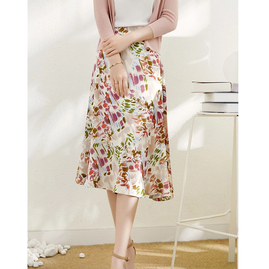 法式浪漫油画印花松紧腰垂坠醋酸中长款碎花半身裙新款A字半裙子