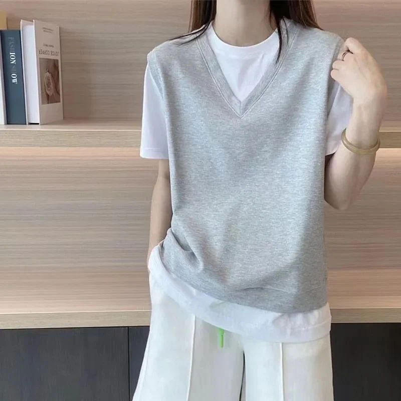 假两件设计感小众短袖恤女宽松拼色上衣欧洲站夏季2025新款女睡衣