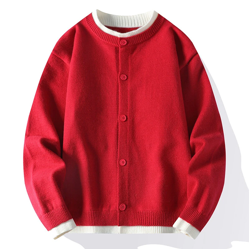 开衫春秋毛衣针织衫红色宽松韩版短款男士休闲百搭流行纯色圆领