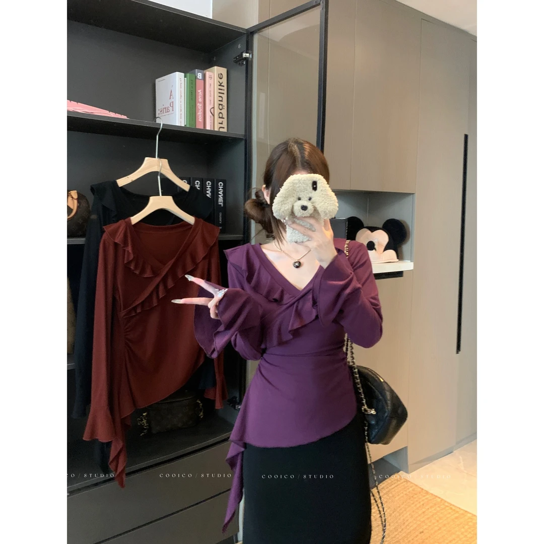2025秋装新款胖mm大码女荷叶边V领长袖T恤辣妹不规则上衣80235