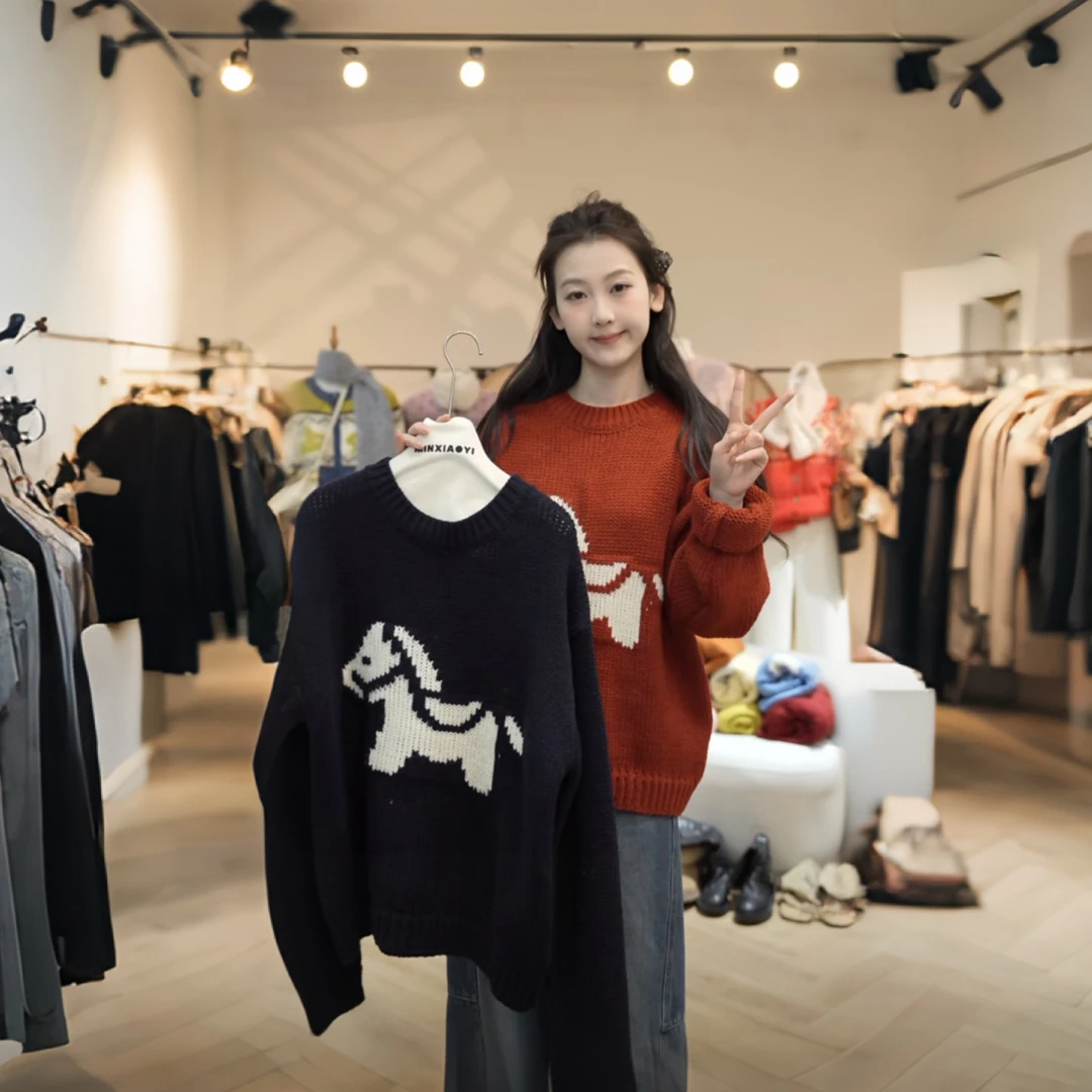闵笑一【小木马】新款温柔显瘦气质设计感休闲针织毛衣上衣