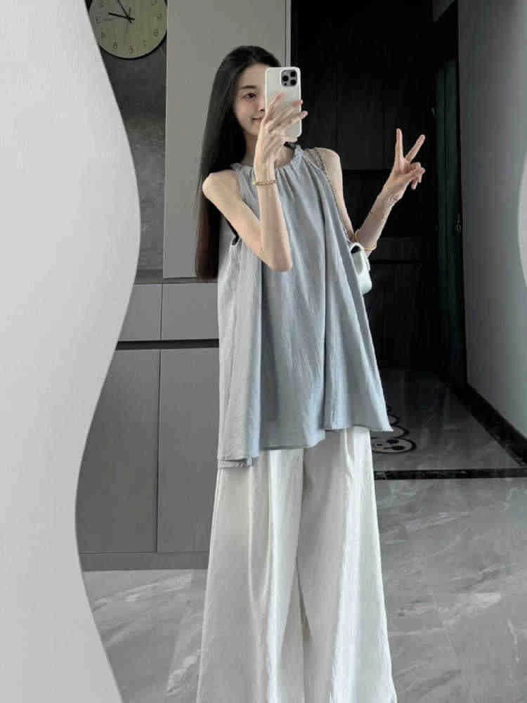 高个子灰蓝色挂脖小衫上衣宽松阔腿裤套装2025夏韩系温柔两件套