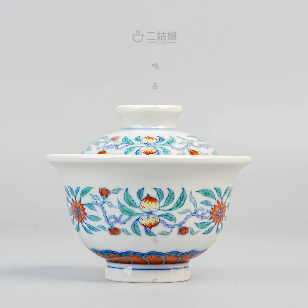 谈窑斗彩红花寿桃盖碗-150ml