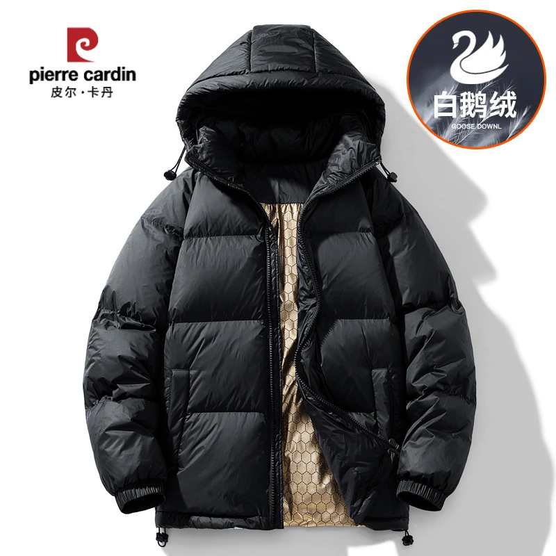 皮尔卡丹冬季新款男韩版黑金纯色石墨烯发热连帽50白鹅绒羽绒服潮