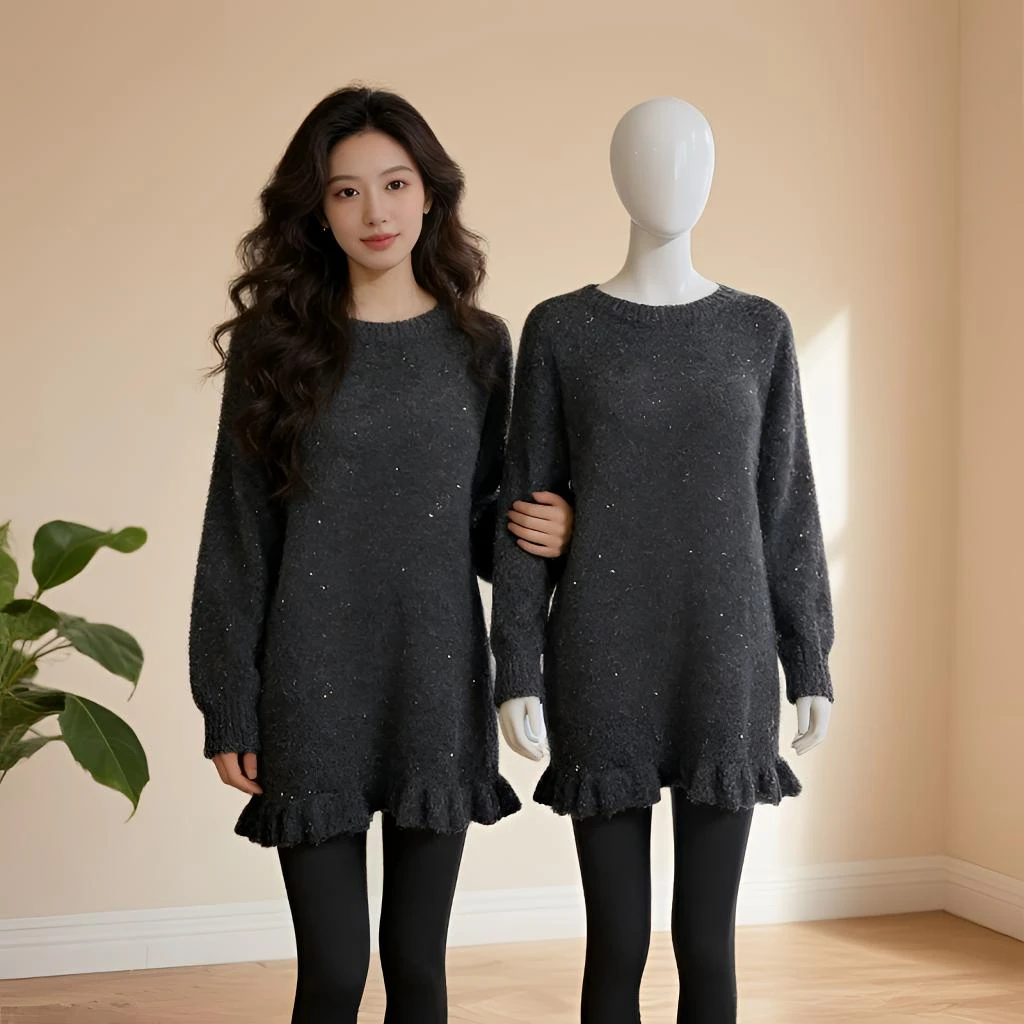 韩版圆领套头木耳边中长款针织衫女冬季加厚显瘦百搭花边亮片毛衣