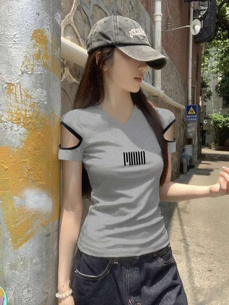 港风T恤女欧货修身露肩V领短袖上衣2025夏季韩系小众百搭打底衫