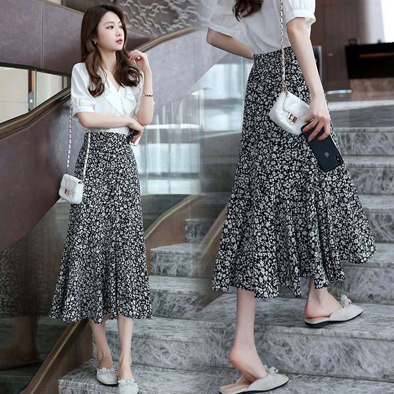 碎花鱼尾半身裙女新款时尚雪纺显瘦高腰中长款包臀长裙女气质洋气